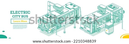 Isometric Electric Bus on Charging Station. Vector Illustration. Ecological Public Transport. Outline Concept.