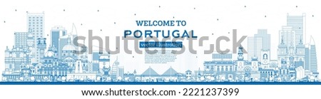 Welcome to Portugal. Outline City Skyline with Blue Buildings. Vector Illustration. Concept with Modern and Historic Architecture. Portugal Cityscape with Landmarks. Porto and Lisbon.
