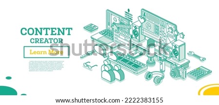 Content creator. Isometric Outline Concept. Vector Illustration. Blog or Vlog Content Strategy. Laptop with Clapping Board, Stabilizer for Smartphone, Camera and Midi Keyboard Isolated on White.