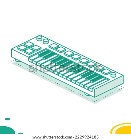 Midi Keyboard with Pads and Faders. Isometric Outline Concept. Vector Illustration. Object Isolated on White.