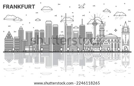 Outline Frankfurt Germany City Skyline with Modern Buildings and Reflections Isolated on White. Vector Illustration. Frankfurt Cityscape with Landmarks.
