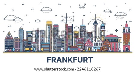 Outline Frankfurt Germany City Skyline with Modern Colored Buildings Isolated on White. Vector Illustration. Frankfurt Cityscape with Landmarks.
