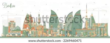 Baku Azerbaijan City Skyline with Color Buildings. Vector Illustration. Baku Cityscape with Landmarks. Business Travel and Tourism Concept with Historic Architecture.