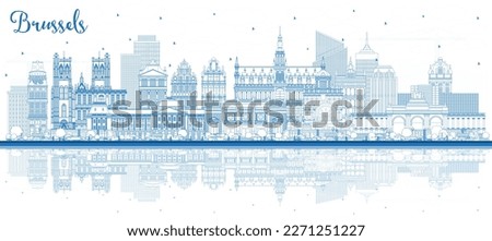 Outline Brussels Belgium City Skyline with Blue Buildings and Reflections. Vector Illustration. Brussels Cityscape with Landmarks. Business Travel and Tourism Concept with Historic Architecture.