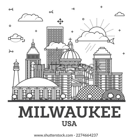 Outline Milwaukee Wisconsin City Skyline with Modern Buildings Isolated on White. Vector Illustration. Milwaukee USA Cityscape with Landmarks.