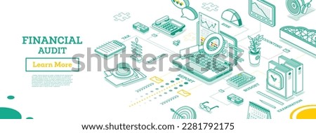 Financial Audit. Isometric Business Concept. Account Tax Report. Open Laptop with Documents. Calendar and Magnifier. Vector Illustration. Report Under Magnifying Glass. Calculating Balance.