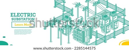 Isometric Energy Substation. Electric Transformer. Outline Concept. Vector Illustration. Green Color. Part of Distribution Chain. High-Voltage Power Station.