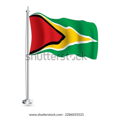 Guyana Flag. Isolated Realistic Wave Flag of Guyana Country on Flagpole. Vector Illustration.