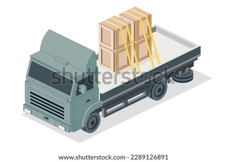 Isometric Flatbed Cargo Truck with Boxes. Commercial Transport. Logistics. City Object for Infographics. Vector Illustration. Car for Carriage of Goods. Front View.