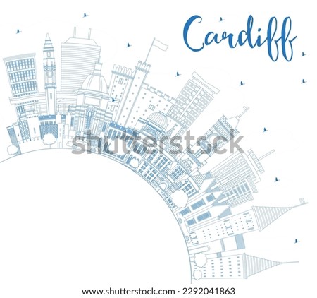 Outline Cardiff Wales City Skyline with Blue Buildings and Copy Space. Vector Illustration. Cardiff UK Cityscape with Landmarks. Business Travel and Tourism Concept with Historic Architecture.
