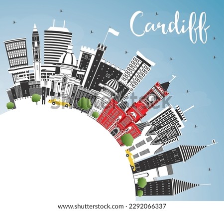 Cardiff Wales City Skyline with Color Buildings, Blue Sky and Copy Space. Vector Illustration. Cardiff UK Cityscape with Landmarks. Business Travel and Tourism Concept with Historic Architecture.