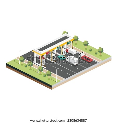 Isometric Toll Road with Trucks and Cars. Payment Checkpoint. Toll Collection Area in the Turnpike. Vector Illustration. Landscape with Trees.