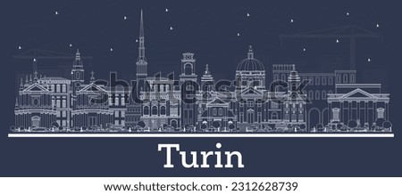 Outline Turin Italy City Skyline with White Buildings. Vector Illustration. Business Travel and Tourism Concept with Modern Architecture. Turin Cityscape with Landmarks.