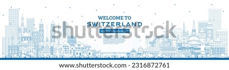 Welcome to Switzerland. Outline City Skyline with Blue Buildings. Vector Illustration. Modern and Historic Architecture. Switzerland Cityscape with Landmarks. Bern. Basel. Lugano. Zurich. Geneva.