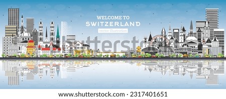 Welcome to Switzerland. City Skyline with Gray Buildings and Blue Sky. Vector Illustration. Modern and Historic Architecture. Switzerland Cityscape with Landmarks. Bern. Basel. Lugano. Zurich. Geneva.