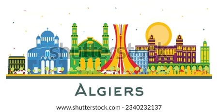 Algiers city Skyline with Color Buildings isolated on white. Vector Illustration. Algiers cityscape with landmarks.