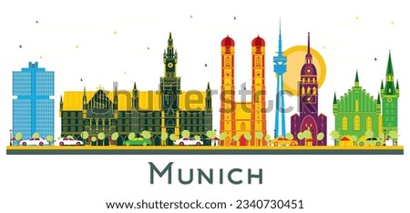 Munich Germany city Skyline with Color Buildings isolated on white. Vector Illustration. Business Travel and Tourism Concept with Historic Architecture. Munich Cityscape with Landmarks.