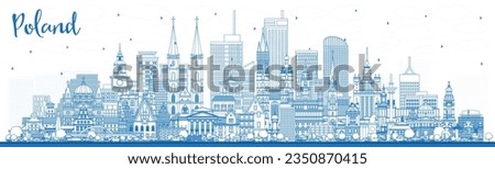 Outline Poland City Skyline with Blue Buildings. Vector Illustration. Concept with Modern Architecture. Poland Cityscape with Landmarks. Warsaw. Krakow. Lodz. Wroclaw. Poznan.