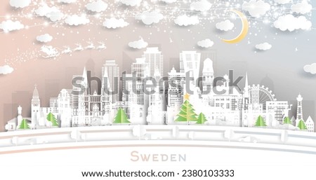 Sweden. Winter city skyline in paper cut style with snowflakes, moon and neon garland. Christmas, new year concept. Santa claus on sleigh. Cityscape with landmarks. Stockholm. Malmo. Gothenburg.