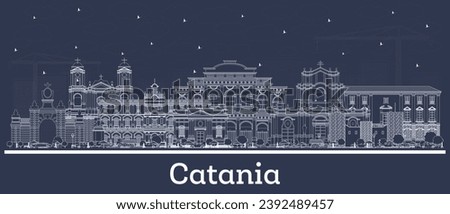 Outline Catania Italy city skyline with white buildings. Vector illustration. Business travel and tourism concept with historic architecture. Catania cityscape with landmarks.