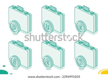 Business briefcase with dollar, euro, pound, ruble, yen and bitcoin coins. Isometric outline concept. Vector illustration. 3d objects.