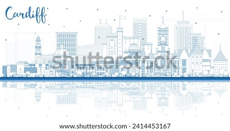 Outline Cardiff Wales City Skyline with Blue Buildings and reflections. Vector Illustration. Cardiff UK Cityscape with Landmarks. Business Travel and Tourism Concept with Historic Architecture.
