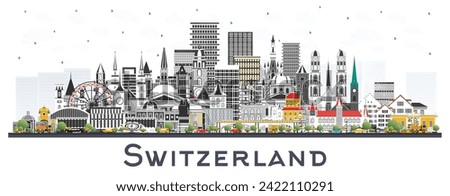 Switzerland City Skyline with Gray Buildings isolated on white. Vector Illustration. Modern and Historic Architecture. Switzerland Cityscape with Landmarks. Bern. Basel. Lugano. Zurich. Geneva.