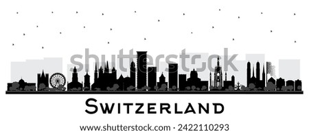 Switzerland City Skyline silhouette with black buildings isolated on white. Vector Illustration. Modern and Historic Architecture. Switzerland Cityscape with Landmarks. Bern. Basel. Lugano. Zurich.