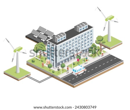 Isometric building of hospital with solar panels and wind turbines. Vector illustration. City clinic. Architectural symbol isolated on white. Ambulance on road. Use of clean energy.