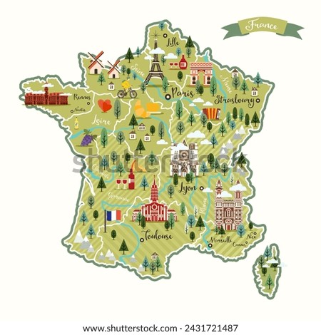 Stylized map of France. Vector illustration. French symbols, cheese, croissant, wine, bicycle, harmonic, mountains and other landmarks. Travel to France.