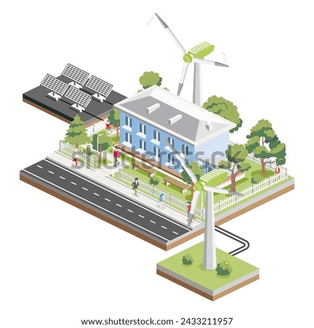 Isometric residential two storey building with solar panels and wind turbines. Green eco friendly house. Infographic element. Infographic element. Vector illustration. City home.