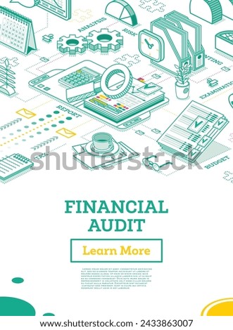 Financial Audit. Isometric Business Concept. Account Tax Report. Open Folder with Documents. Calendar and Magnifier. Vector Illustration. Report Under Magnifying Glass. Calculating Balance.