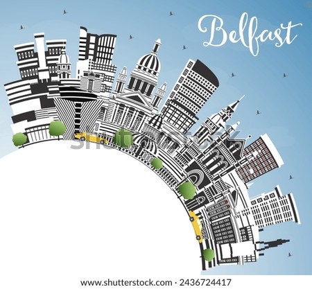 Belfast Northern Ireland City Skyline with Color Buildings, Blue Sky and Copy Space. Vector Illustration. Belfast Cityscape with Landmarks. Travel and Tourism Concept with Historic Architecture.