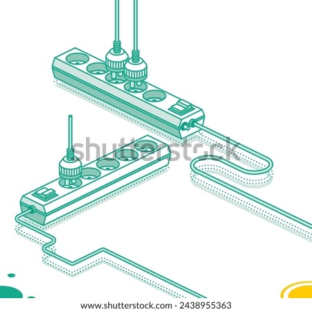 Modern electric extension cord with plug. Electrical power socket strip. Vector illustration. Isometric outline concept. Two objects. Powerboard with five slots.