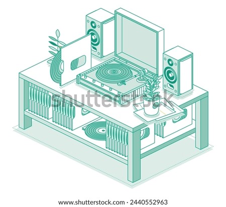 Isometric vinyl LP record player with disk. Table with recorder and two speakers. Stereo system. Objects isolated on white background. Table with a shelf on which vinyl discs lie. Vector illustration.