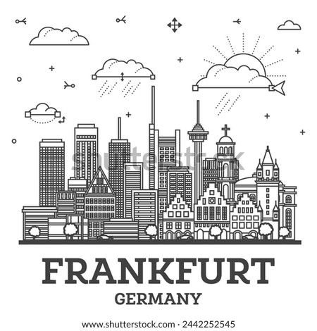 Outline Frankfurt Germany City Skyline with Modern Buildings Isolated on White. Vector Illustration. Frankfurt Cityscape with Landmarks.