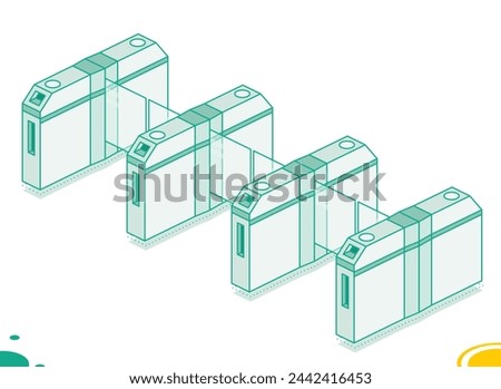 Isometric four turnstiles. Subway station or airport security element. Entrance gates. Vector illustration. Access control equipment. Outline design element.
