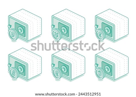 Collection of isometric safes with different coins. Outline object isolated on white background. Vector illustration. Icon of security.