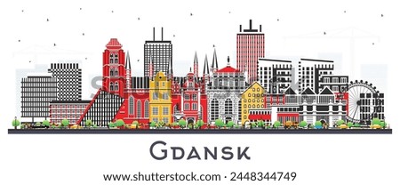 Gdansk Poland city skyline with color buildings isolated on white. Vector illustration. Gdansk cityscape with landmarks. Business travel and tourism concept with modern and historic architecture.