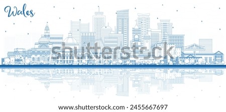 Outline Wales City Skyline with Blue Buildings and reflections. Vector Illustration. Concept with Historic Architecture. Wales Cityscape with Landmarks. Cardiff. Swansea. Newport.