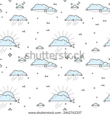 Seamless pattern with blue clouds and sun. Vector illustration. Linear outline style.