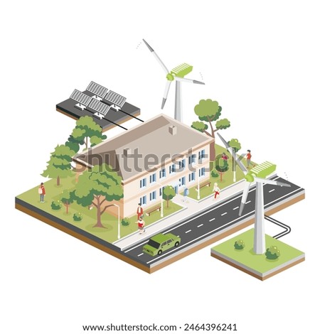 Isometric residential two storey building with solar panels and wind turbines. Green eco friendly house. Infographic element. Infographic element. Vector illustration. City home. Trees with people.