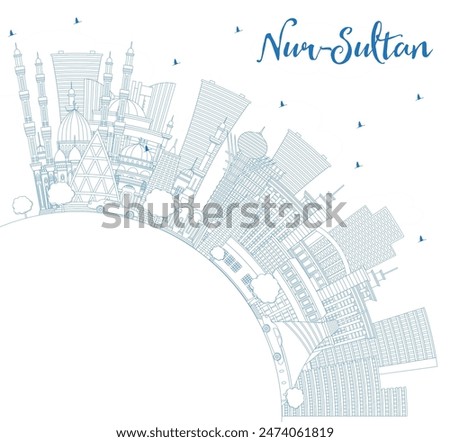 Outline Nur-Sultan Kazakhstan City Skyline with Blue Buildings and Copy Space. Vector Illustration. Nur-Sultan Cityscape with Landmarks. Tourism Concept with Modern Architecture.