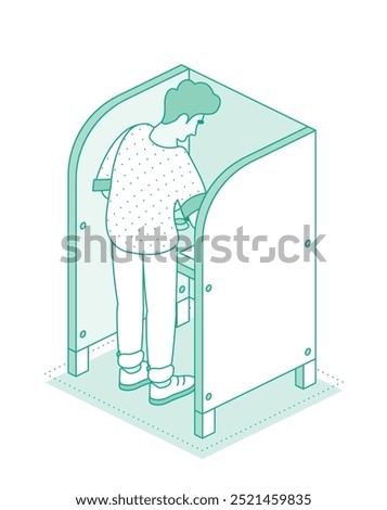 Man standing in voting booth and make their choice. Isometric outline concept. Vector illustration. Political presidential election.