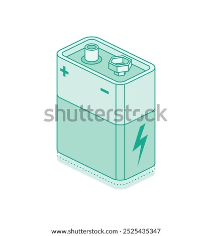 Isometric 9V battery isolated on white background. Vector illustration. Nine volt battery icon. Outline style.