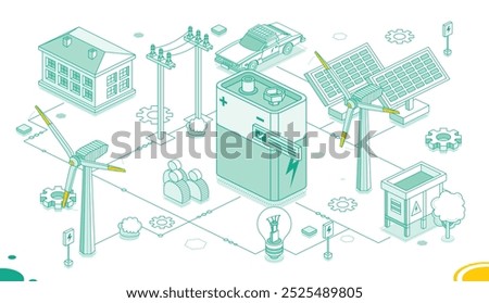 Clean energy concept. Isometric 9V nine volt battery, solar panels and wind turbines isolated on white background. Vector illustration. Outline style. Green energy. House with electric car.