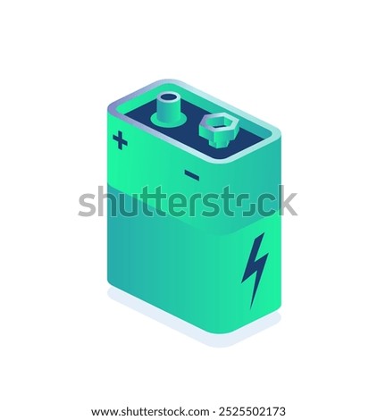 Isometric 9V battery isolated on white background. Vector illustration. Nine volt battery icon.