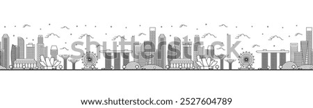 Seamless pattern with outline Singapore City Skyline with Modern Buildings Isolated on White. Vector Illustration. Singapore Cityscape with Landmarks. 