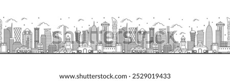 Seamless pattern with outline Doha Qatar City Skyline with Modern Buildings Isolated on White. Vector Illustration. Doha Cityscape with Landmarks.