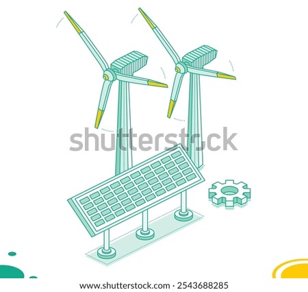 Isometric two wind power plants and solar panel isolated on white background. Generation of clean green energy. Wind turbines. Outline objects. Vector illustration.